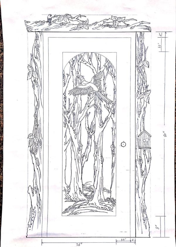 Initial drawing of hand-carved wood door